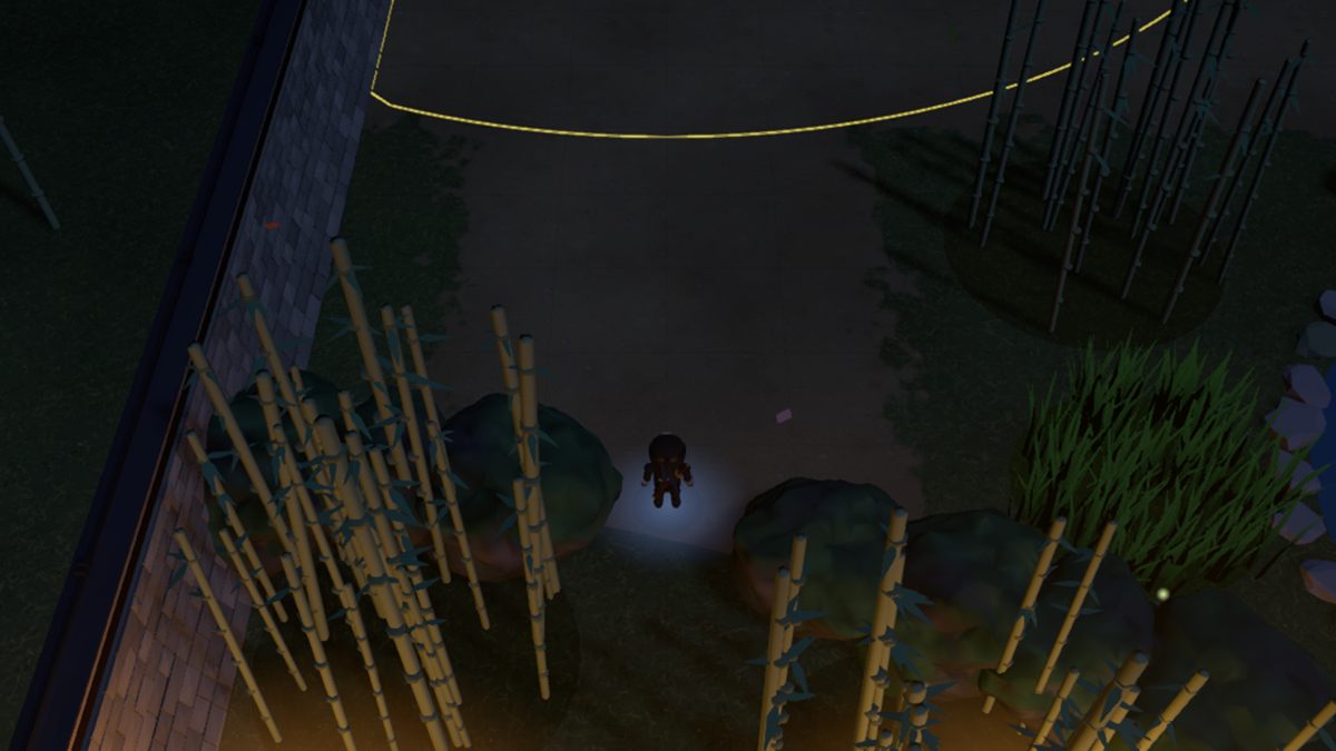 A ninja standing in the shadows between bamboo groves and a koi pond at night